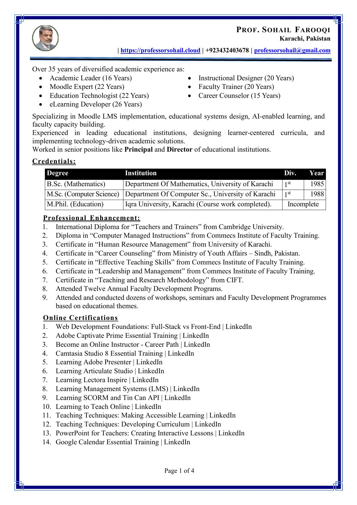 A BRIEF RESUME OF SOHAIL FAROOQI